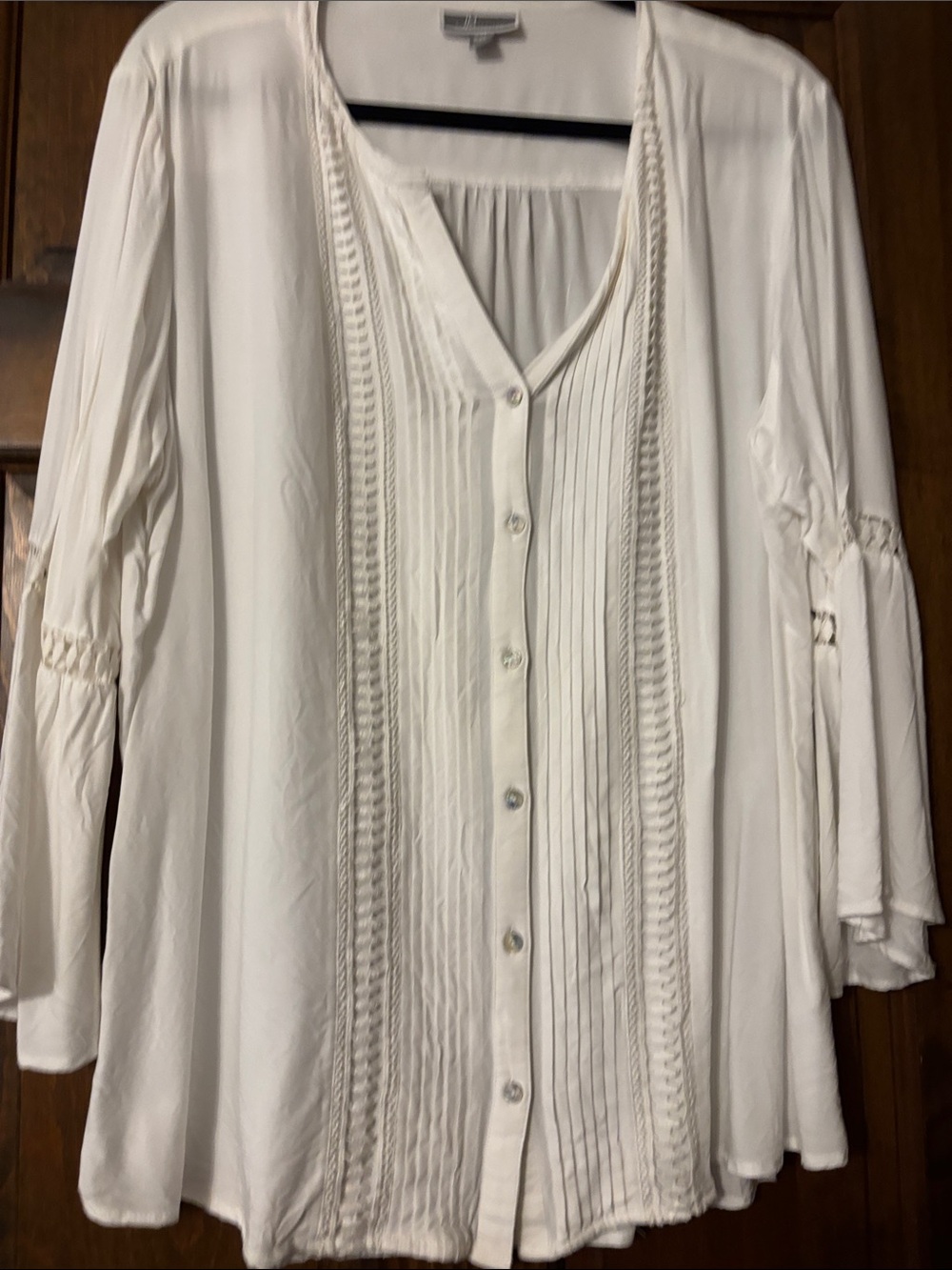 JM Collection White Pintuck Button-Front Blouse with V-Neck